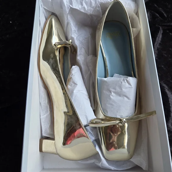 Frances Valentine Mary Mini Block Gold Heels with Bow - Picture 2 of 5